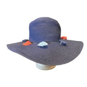 Panama Jack Women's Blue Straw Floppy Beach Pool Hat‎ Tassels Packable One Size